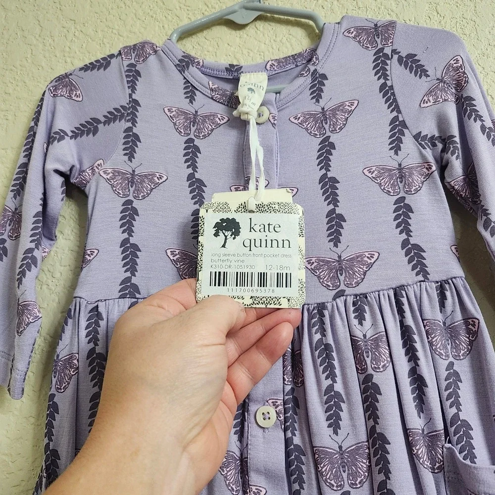 Kate Quinn Bamboo Butterfly Vine Long Sleeve Button Front Pocket Dress 12-18M